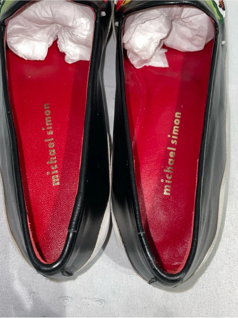 Michael Simon Black White Loafers with Colorful‎ Snowman Appliqués